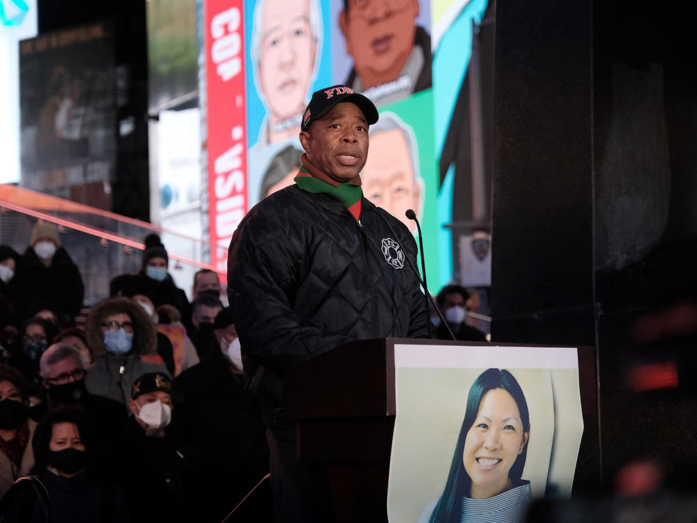 New York City Mayor Eric Adams speaks at a vigil for Michelle Go in New York, N.Y., on Jan. 18. Go was killed in the Times Square subway station.