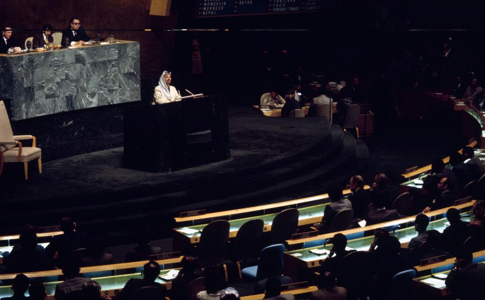 PLO Chairman Yasser Arafat speaks at a plenary session of the U.N. General Assembly in November 1974, the month the United Nations granted the PLO observer status.