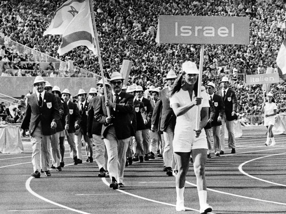 The Israeli Olympic delegation parades during the opening of the Munich Olympic Games on Aug. 26, 1972. West German organizers wanted to give the Games a light atmosphere, trying to break from Germany's prior Olympics under the Nazis in 1936.