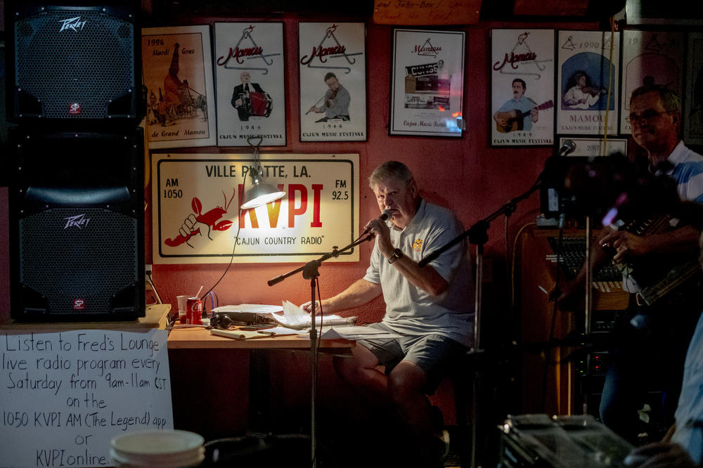 The broadcast goes on as Donny Broussard and the Louisiana Stars play during the KVPI morning show at Fred's Lounge.