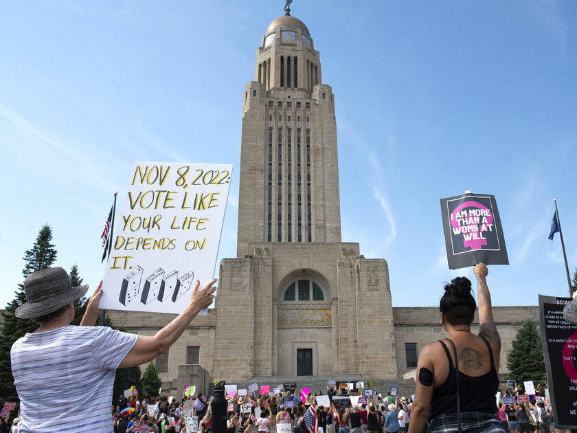 Protesters line the street June 4 around the front of the Nebraska State Capitol during an Abortion Rights Rally in Lincoln, Neb.