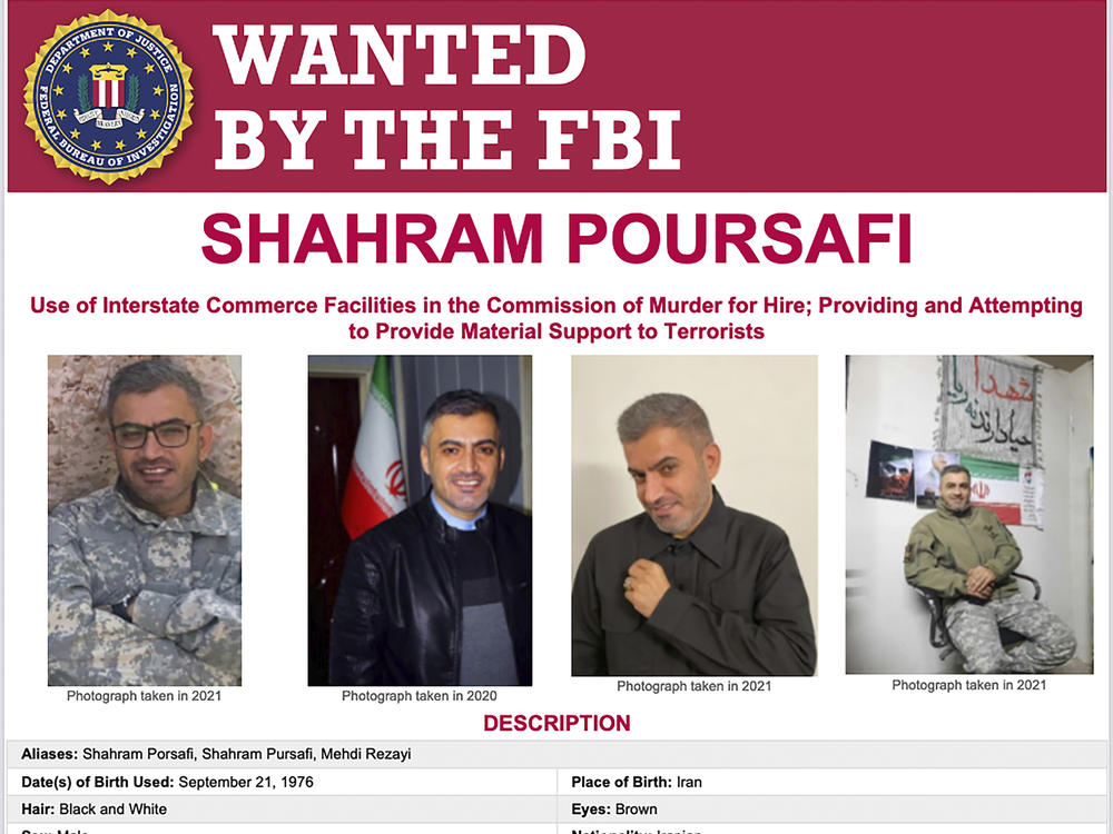 This image released by the FBI, Aug. 10, 2022 in Washington, shows the wanted poster for Shahram Poursafi. The Justice Department says Poursafi, identified by U.S. officials as a member of Iran's Revolutionary Guard, has been charged in a plot to murder former Trump administration national security adviser John Bolton.