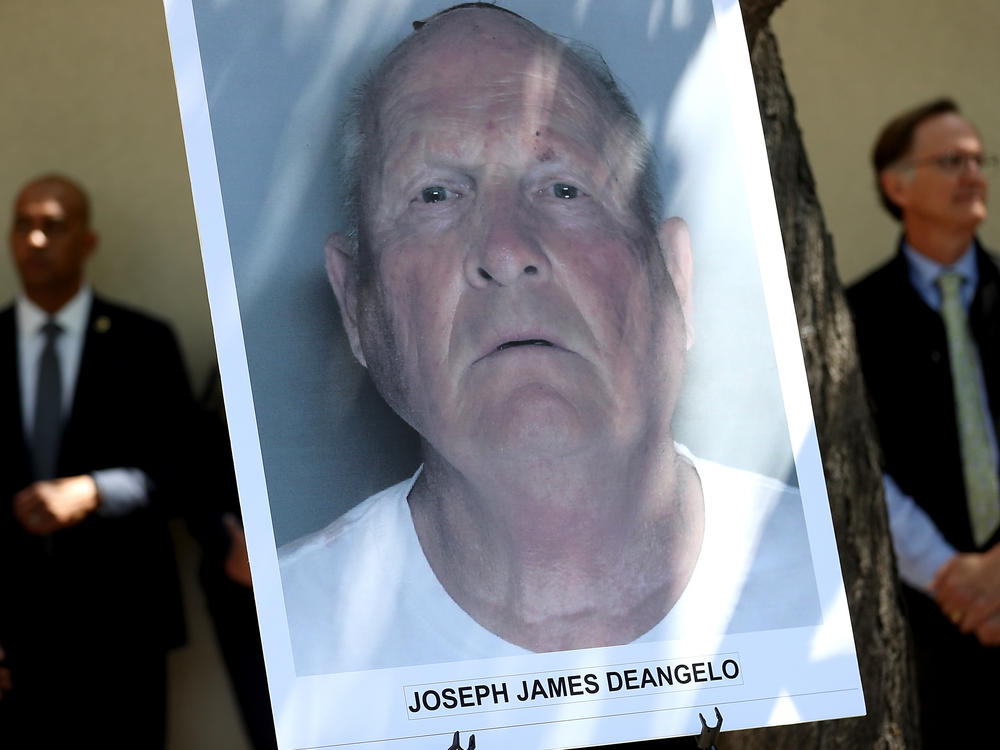 A photo of Joseph James DeAngelo Jr. is displayed during a news conference April 24, 2018, in Sacramento, Calif., announcing the arrest of the man suspected to be the so-called Golden State Killer.