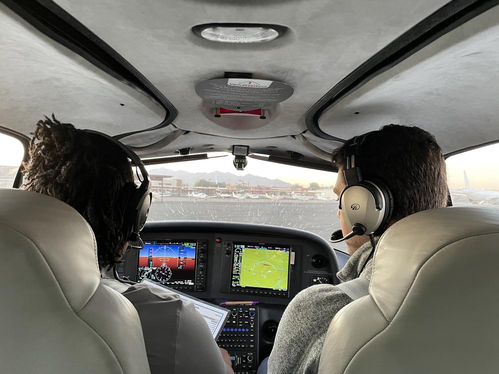 A student pilot and flight instructor prepare to take off on a training flight outside of Phoenix.