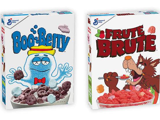 New York pop artist KAWS has designed boxes for the General Mills Monster Cereals Count Chocula, Franken Berry, Boo Berry and Frute Brute.