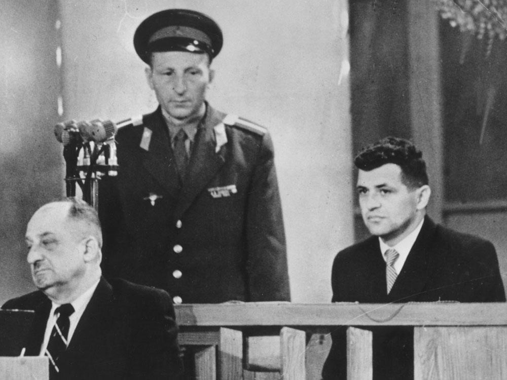 American pilot Francis Gary Powers (far right) during his 1960 trial in Moscow. Powers was shot down while flying a U-2 spy plane over the Soviet Union. He was jailed for nearly two years before he was freed in a swap for a Soviet spy imprisoned in the U.S.