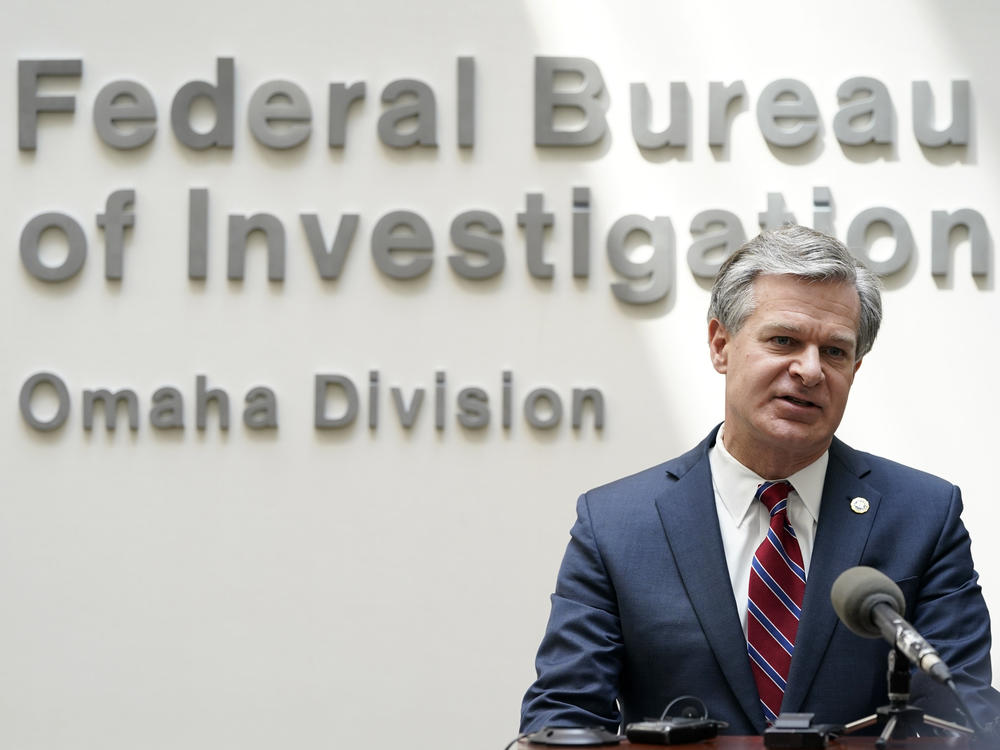 FBI Director Christopher Wray speaks during a news conference Wednesday in Omaha, Neb.