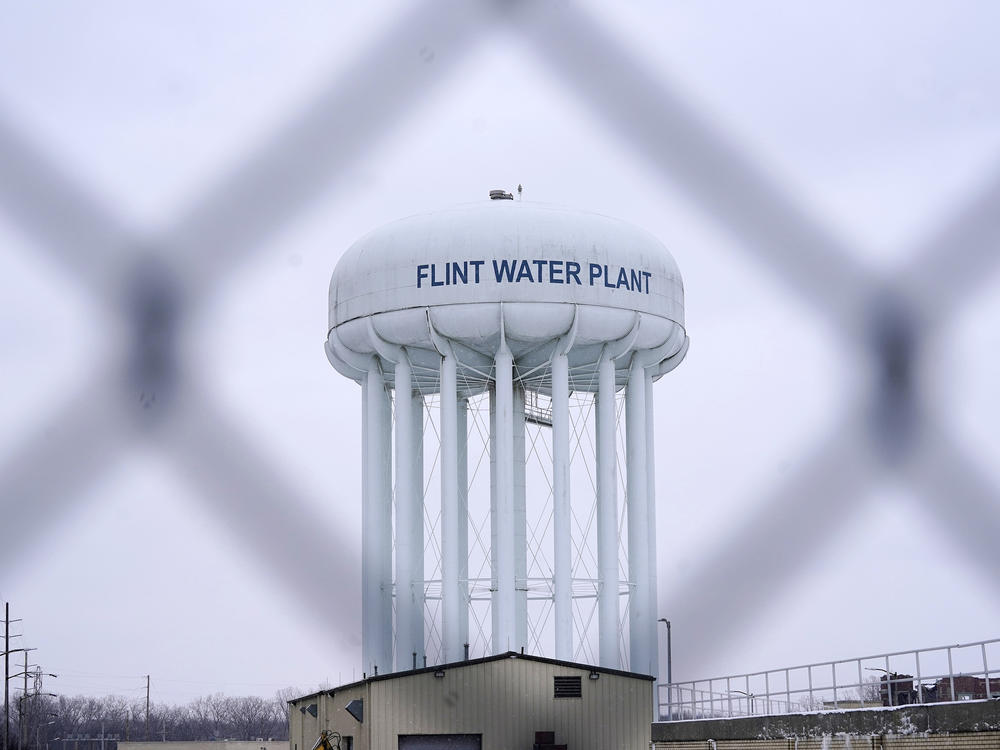 The Flint water plant tower is seen on Jan. 6, 2022, in Flint, Mich. A judge declared a mistrial Thursday after jurors said they couldn't reach a verdict in a dispute over whether two engineering firms should bear some responsibility for Flint's lead-contaminated water.