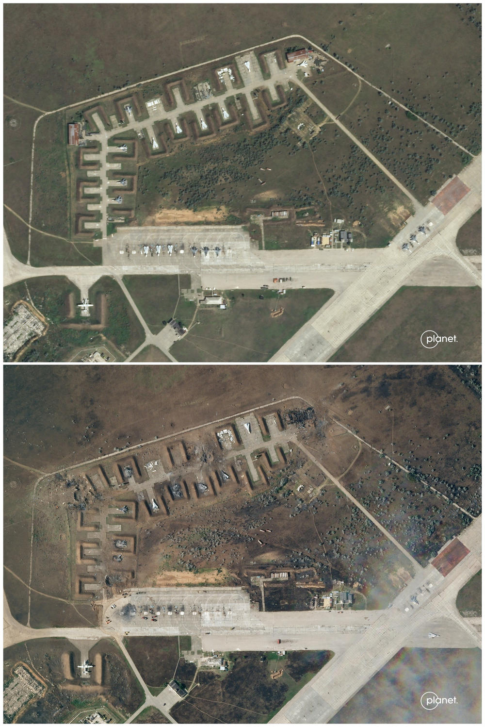A combination photo shows satellite images of Saki air base in Crimea, Aug. 9 and after an attack on Aug. 10.