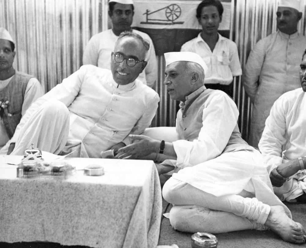 Indian Prime Minister Jawaharlal Nehru (right) talks with Kashmir Prime Minister Sheikh Mohamed Abdullah, in New Delhi, India, in 1951.