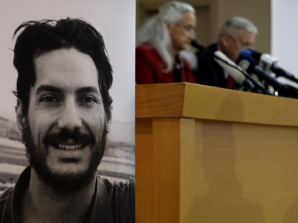 American journalist Austin Tice (portrait at left) was abducted in Syria in 2012. Here, his parents, Debra and Marc Tice, give a news conference in Beirut in 2018.