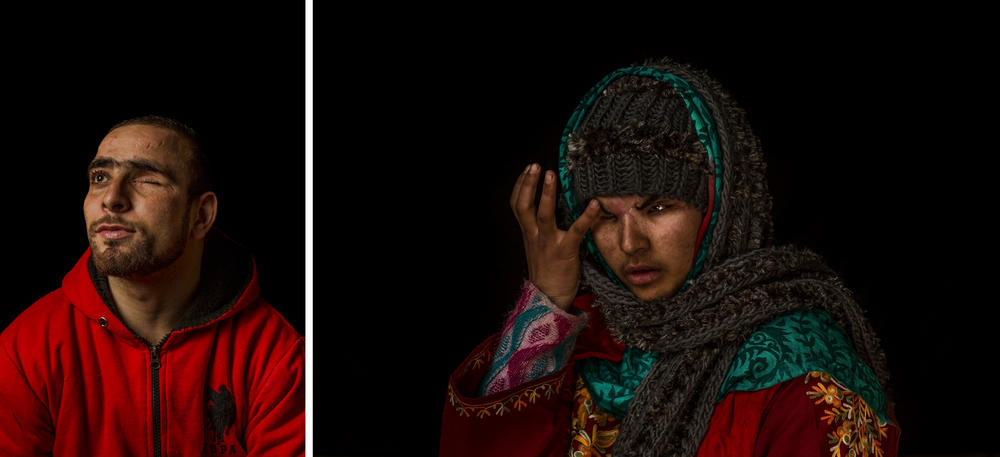 Danish Rajab Jhat (left) and Insha Mushtaq Malik (right), both pictured here in Sedow, Kashmir, in 2016, each lost the vision in one of their eyes after they were hit by shotgun pellets fired by the Indian military. Thousands of Kashmiris have lost eyesight due to pellet attacks by the Indian military.