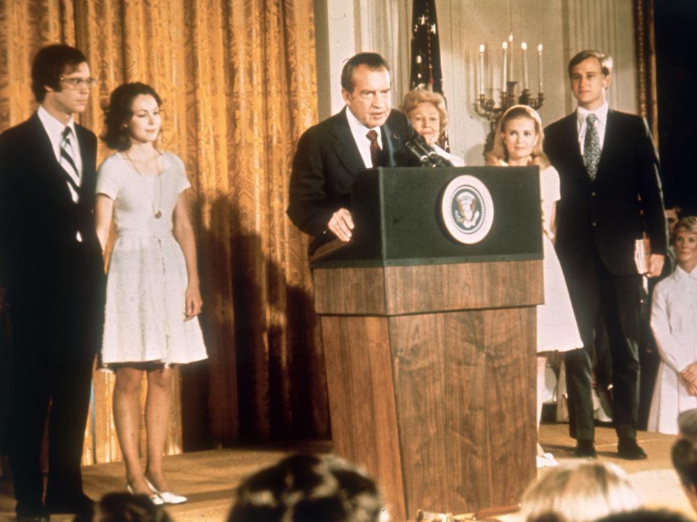 President Richard Nixon speaks at the White House on Aug. 9, 1974. He was preparing to leave the day after resigning because of the Watergate scandal. Nixon wanted to take his presidential documents with him, including his infamous tape recordings. But he was barred from doing so, and Congress passed a law that now requires all presidents to hand over their documents to the National Archives.