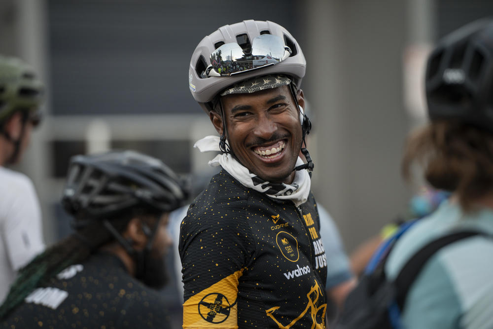Ride for Racial Justice cyclist Ariel Marlowe smiles at the start of the SBT GRVL race.