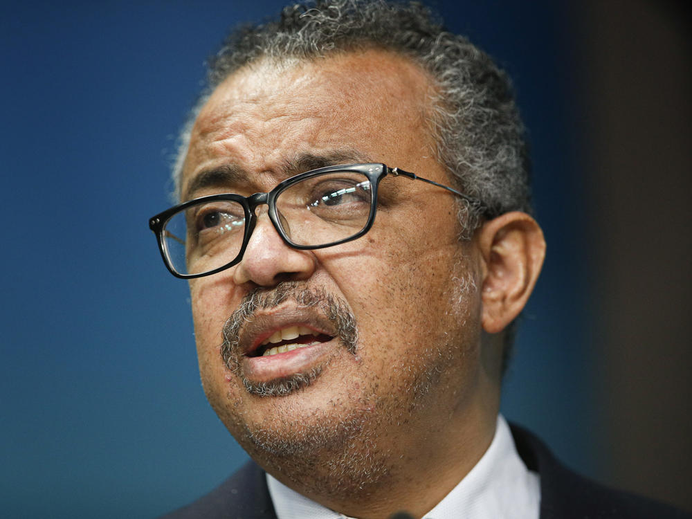 Tedros Adhanom Ghebreyesushe, the head of the World Health Organization, speaks during a media conference at an EU Africa summit in Brussels on Feb. 18, 2022.