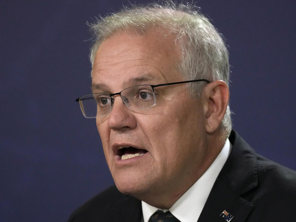 Australian Prime Minister Scott Morrison talks about the situation in Ukraine at a press conference in Sydney, Feb. 23, 2022.
