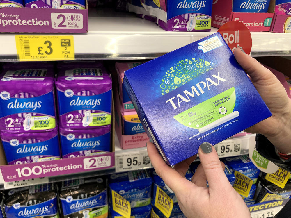 Period products are seen in a Scottish supermarket in 2020, when Scotland's parliament initially approved legislation to make such products available for free.