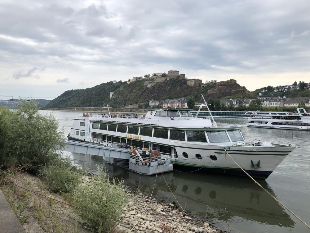 Tourist boats along the shore of the Rhine in the German city of Koblenz are still operating with the low water levels on the river, but they've had to stop mooring at several locations due to the lack of water.