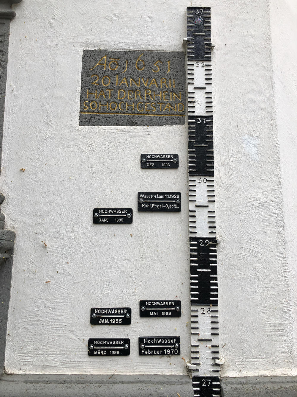 The Koblenz city gauge house shows the point at which the water rose to during an historic flood in the year 651. This year, there is only 5 feet of water at the deepest point in the river near Koblenz.