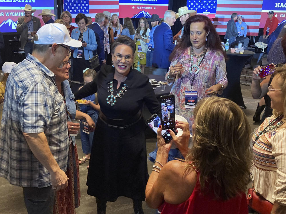 Republican House candidate Harriet Hageman speaks to supporters on Tuesday in Cheyenne, Wyo., after defeating Rep. Liz Cheney in the Republican primary.