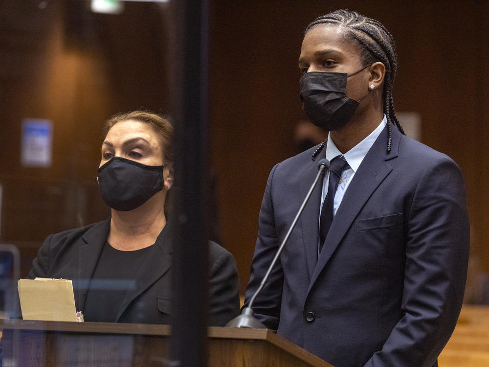 Rapper A$AP Rocky (right) appears in a Los Angeles courtroom on Wednesday. He pleaded not guilty to two counts of assault with a semiautomatic firearm related to a shooting in Hollywood last November.