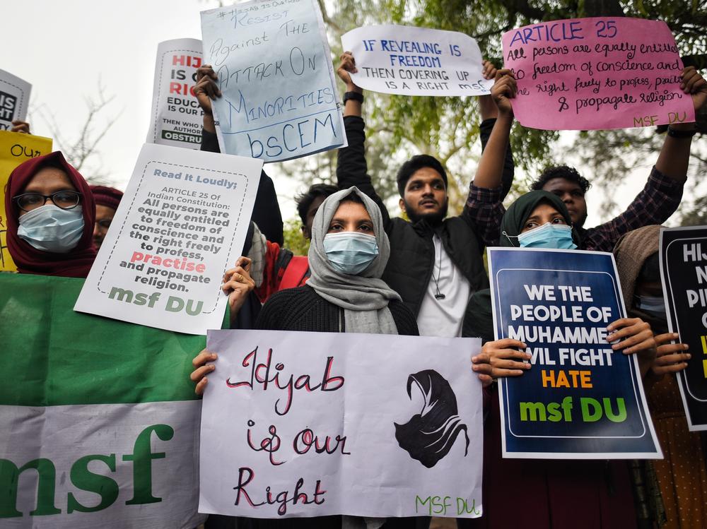 Members of the All India Muslim Students Federation protest at Delhi University against the hijab ban in educational institutions, on Feb. 8 in New Delhi, India.