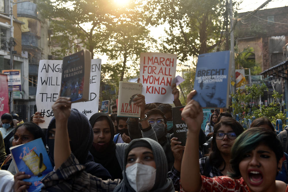 People in Kolkata, India, protest against the hijab ban in educational institutions on Feb. 6.