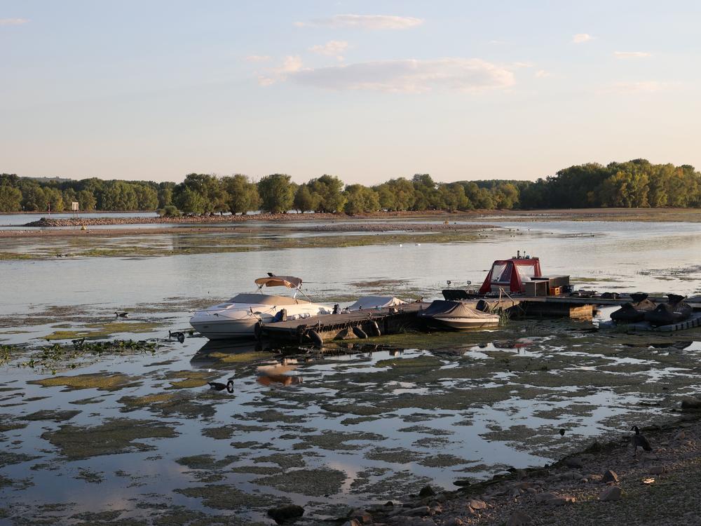 A boat is pictured on the shallow Rhine river near Oestrich Winkel, western Germany, on Aug. 12, as the water level passed below 40 centimeters, making ship transport increasingly difficult.