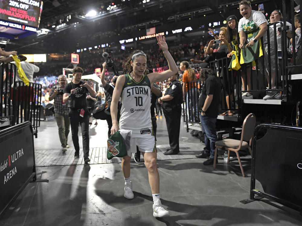 Sue Bird of the Seattle Storm walks off the court after the game against the Las Vegas Aces on Sunday at Michelob ULTRA Arena in Las Vegas.