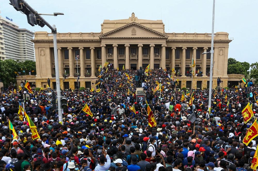 Protestors participate in an anti-government demonstration outside the president's office in Colombo, Sri Lanka, on July 9. Then-President Gotabaya Rajapaksa fled his official residence in Colombo before protesters gathered.