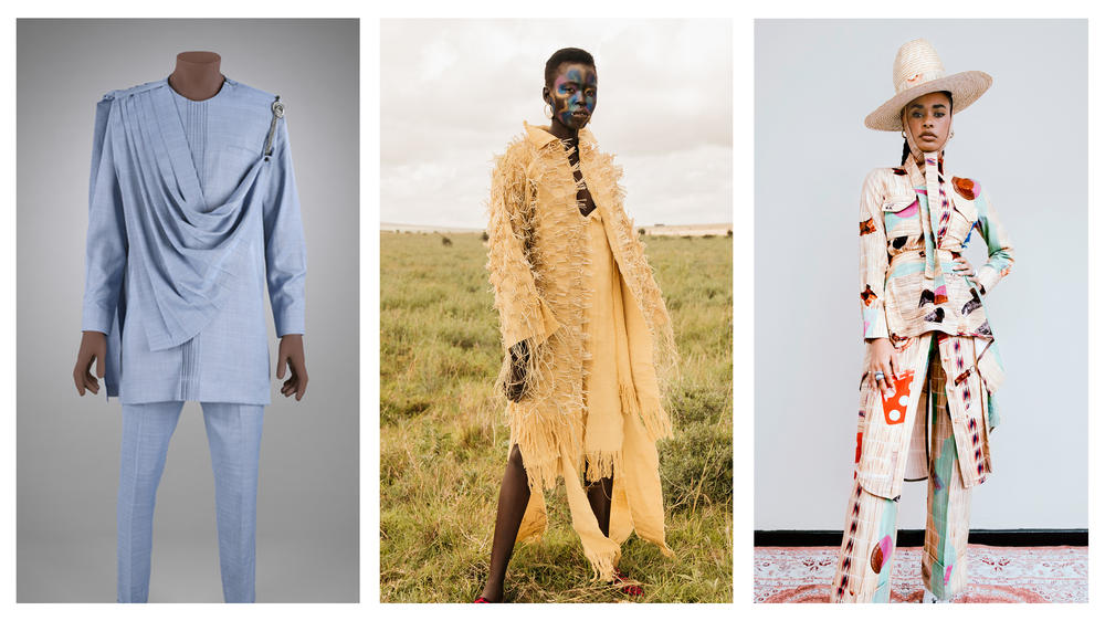 The blue dashiki (left) is from the Rwandan design studio Moshions and first appeared on a Kigali catwalk 5 years ago.<strong> </strong>Center: an outfit from womenswear brand IAMISIGO led by Kenya's Bubu Ogisi. Right: An outfit from Thebe Magugu out of Johannesburg, South Africa. These are 3 of the garments starring in the new 
