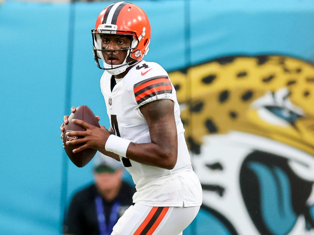 Deshaun Watson, #4 of the Cleveland Brown, looks to throw against the Jacksonville Jaguars during a football game at TIAA Bank Field on August 12, 2022 in Jacksonville, Florida.