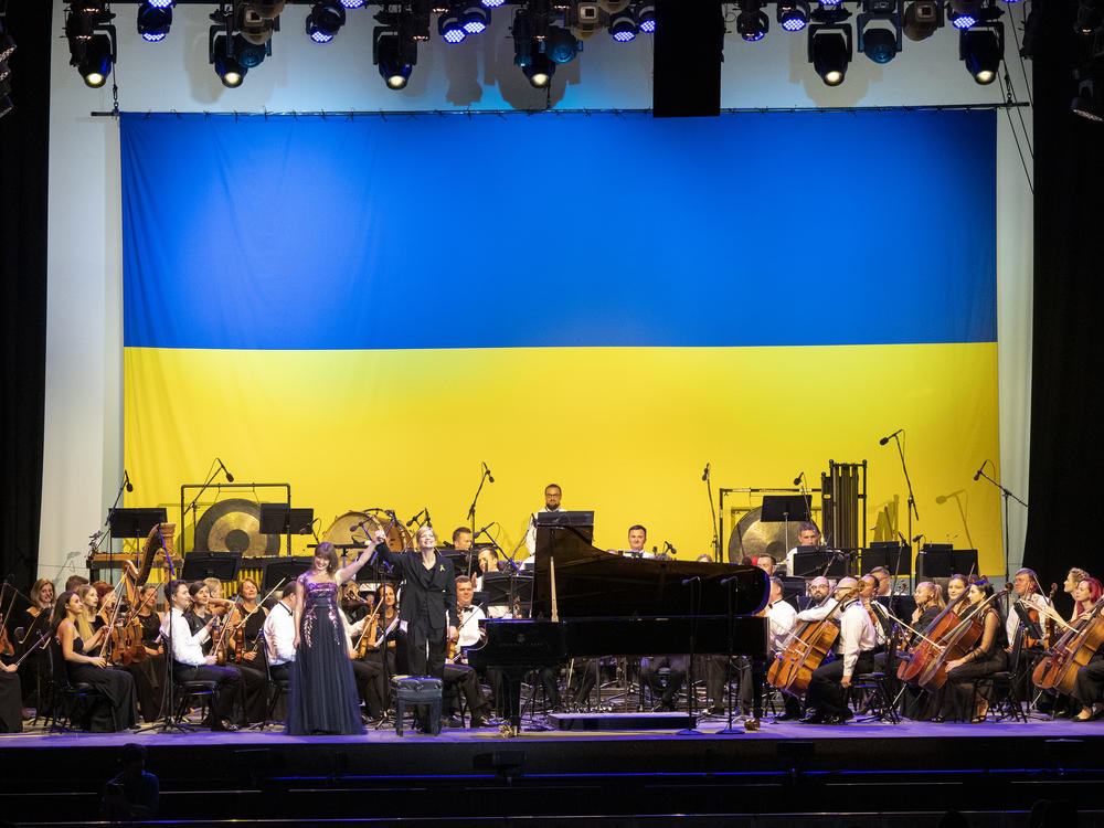 The Ukrainian Freedom Orchestra performs at Damrosch Park, Lincoln Center in New York City on Thursday.