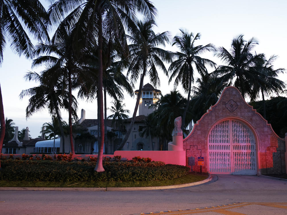 The entrance to former President Donald Trump's Mar-a-Lago Palm Beach, Fla. estate is shown on Aug. 8, 2022, the day of the FBI's search there.