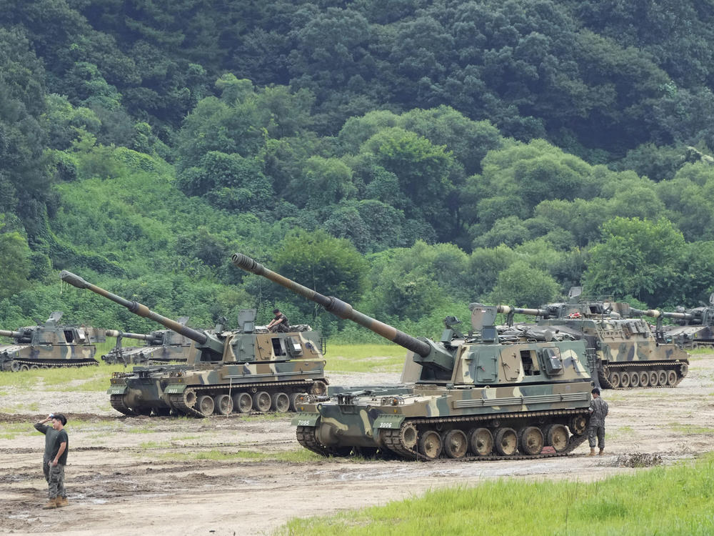 South Korean army K-9 self-propelled howitzers take positions in Paju, near the border with North Korea, South Korea, Monday, Aug. 22, 2022.