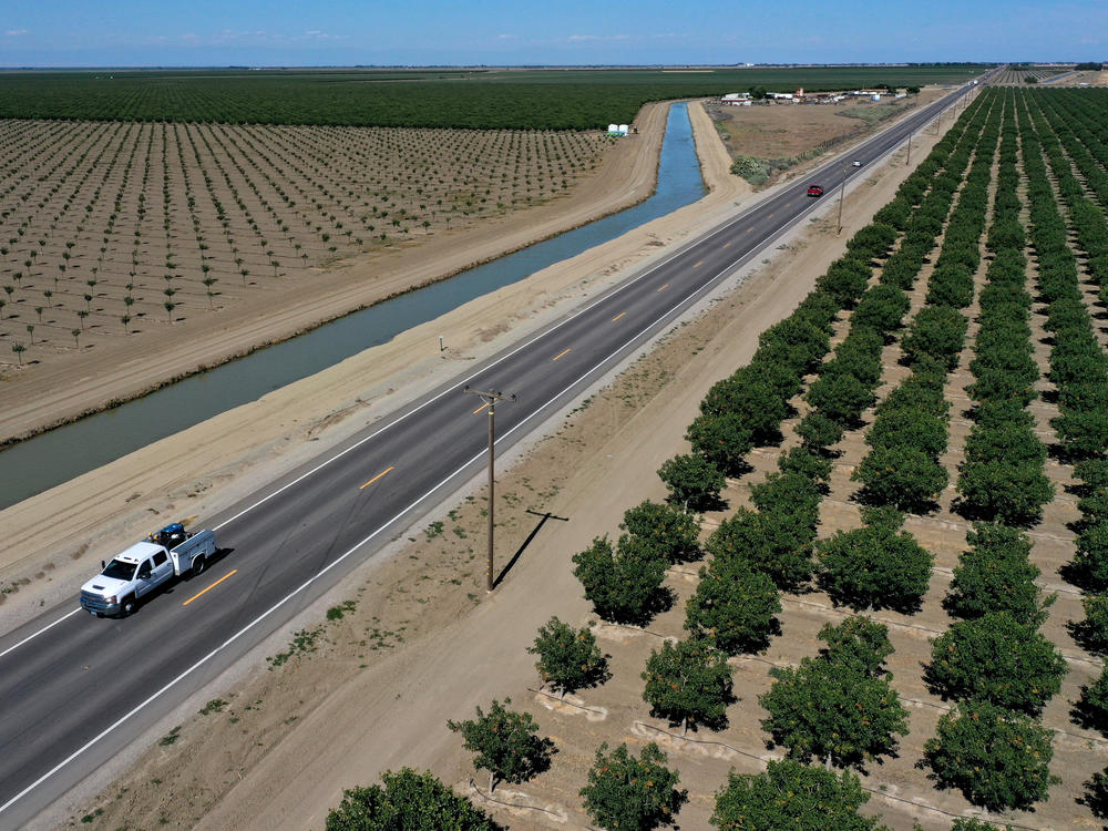 A vehicle drives by an almond orchard in Firebaugh, Calif., last year. City manager Ben Gallegos told NPR he doesn't want small cities like his to be overlooked as California prepares for a potential megastorm, a weather event made more likely by climate change.