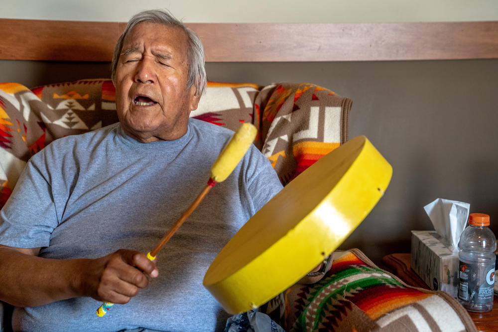 Assiniboine tribal member Kenneth Ryan sings a traditional warrior song about going to war. 