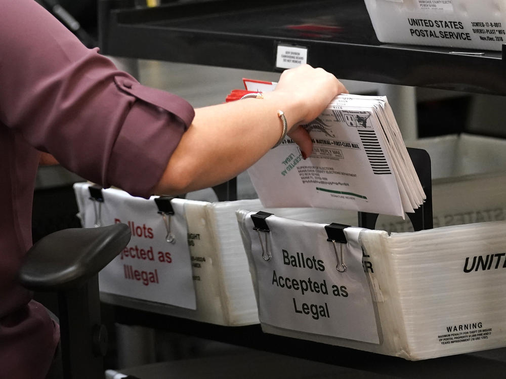 In this 2020 photo, an election worker sorts vote-by-mail ballots at the Miami-Dade County Board of Elections in Doral, Fla.