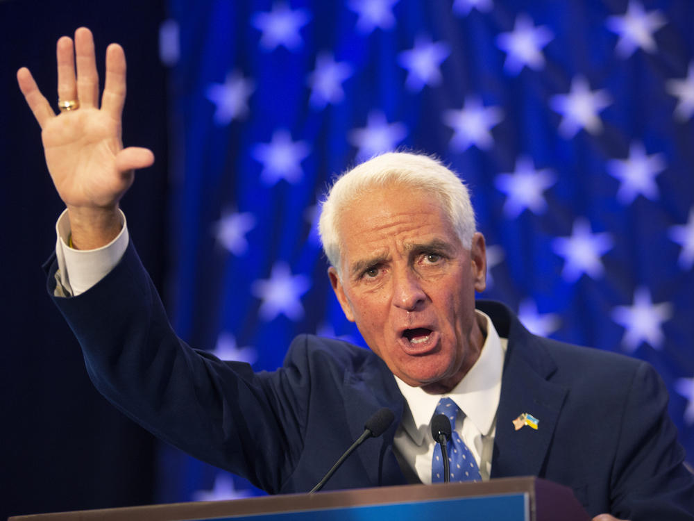 Charlie Crist speaks to a crowd in St. Petersburg, Fla. after winning the Democratic nomination for governor in Florida on Tuesday, Aug. 23, 2022. Crist, a member of congress, will face Republican Gov. Ron DeSantis in November.