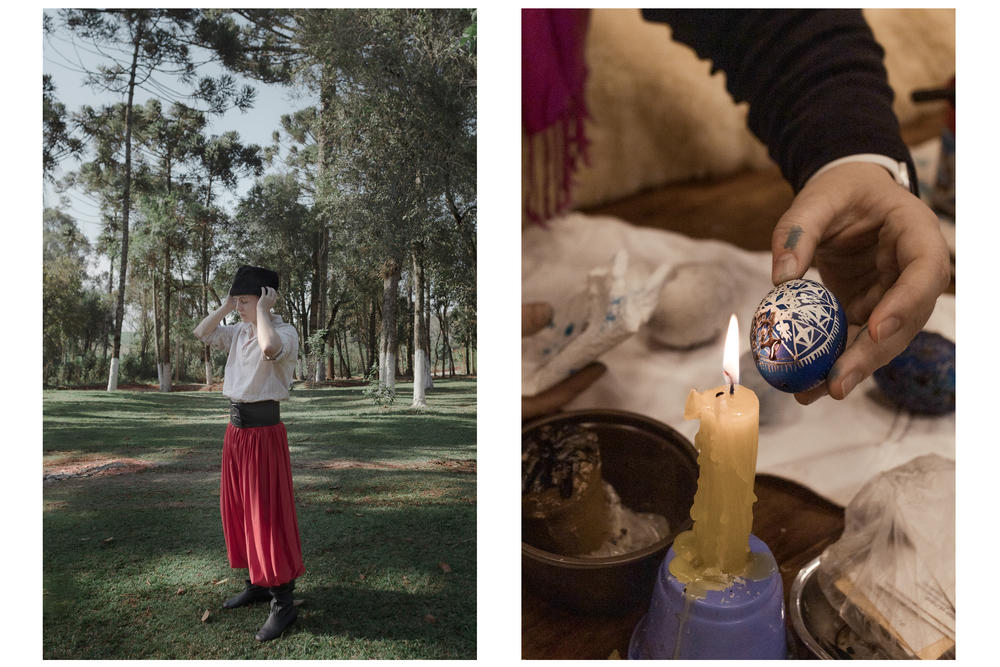 Gustavo Hull has danced in the Ukrainian-Brazilian Vesselka Folklore Group since he was 7. The dancers wear traditional Ukrainian garments. At right: the Ukrainian heritage of residents of Prudentópolis is showcased in their hand-painted Easter eggs. Town resident Andreia Burko Bley likes to make the eggs for herself and to give as gifts. Others sell them to tourists.