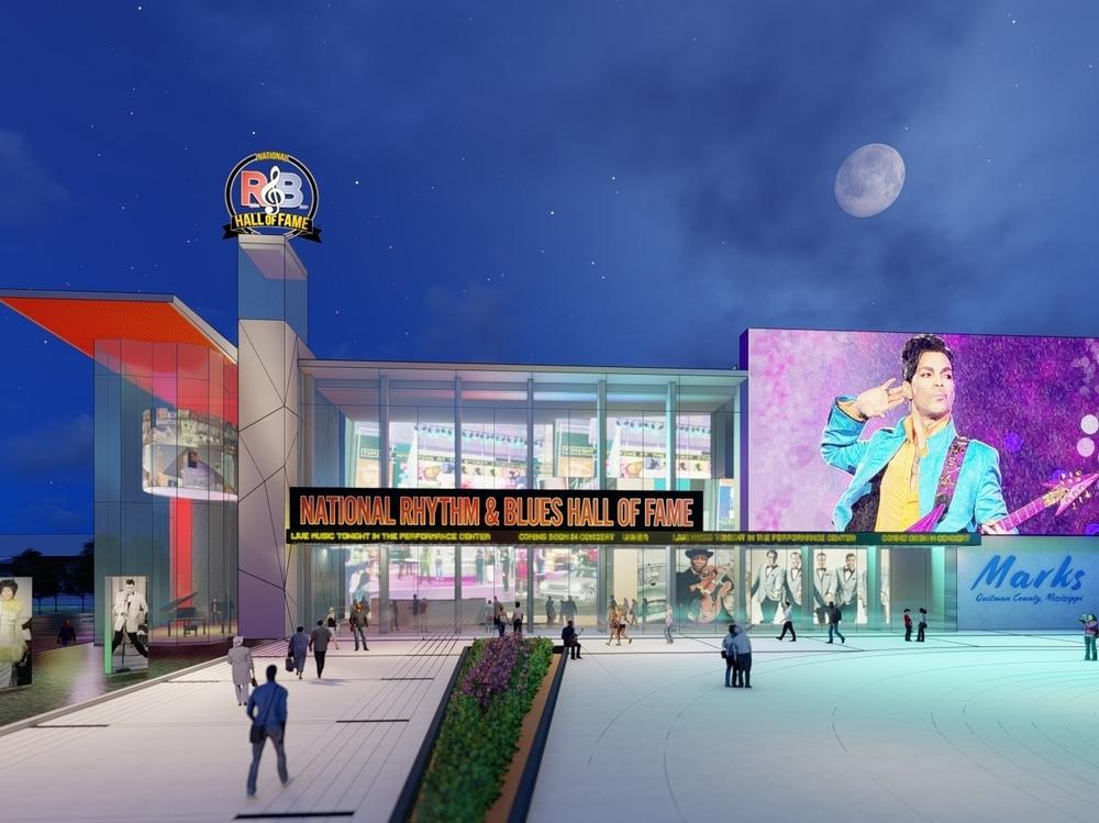 This image provided by A2H Engineers, Architects, Planners on Aug. 18, 2022, shows digital rendering of the National Rhythm and Blues Hall of Fame in Marks, Miss.