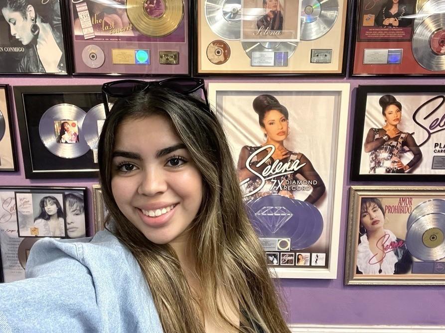 Selena fan Vivian Benishek takes a selfie at the Selena Museum, Corpus Christi, Texas. March 2022.