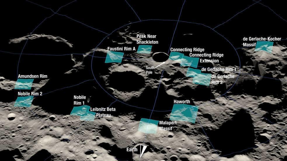 A rendering of 13 candidate landing regions for Artemis III. Each region is approximately 9.3 miles by 9.3 miles. A landing site is a location within those regions with an approximate 328-foot radius.