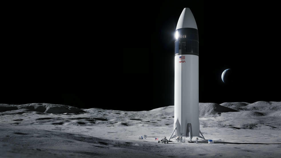 Illustration of SpaceX Starship human lander design that will carry the first Artemis astronauts to the surface of the moon.