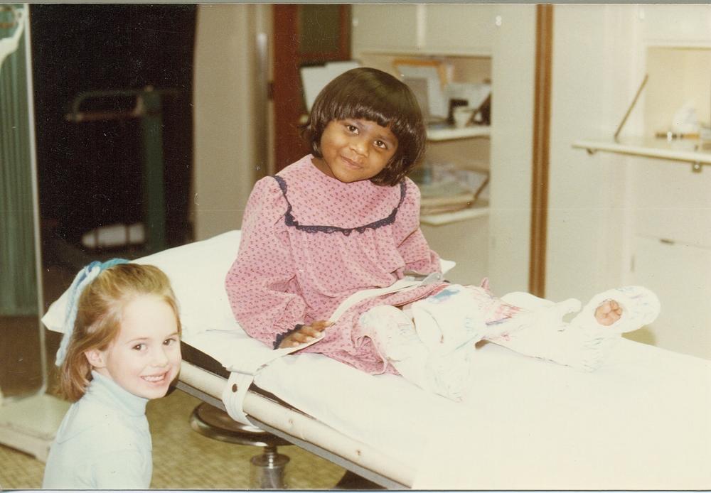 After being adopted from India by an American couple, Minda Dentler had a series of surgeries so she'd be able to walk using braces and crutches. Above: Dentler at the Shriner's Hospital in Spokane, Washington, in January 1983.