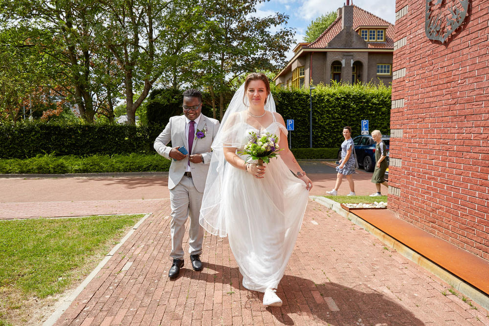Fiona and Patrick arrive at Loppersum town hall for their long-awaited nuptials on July 27. 