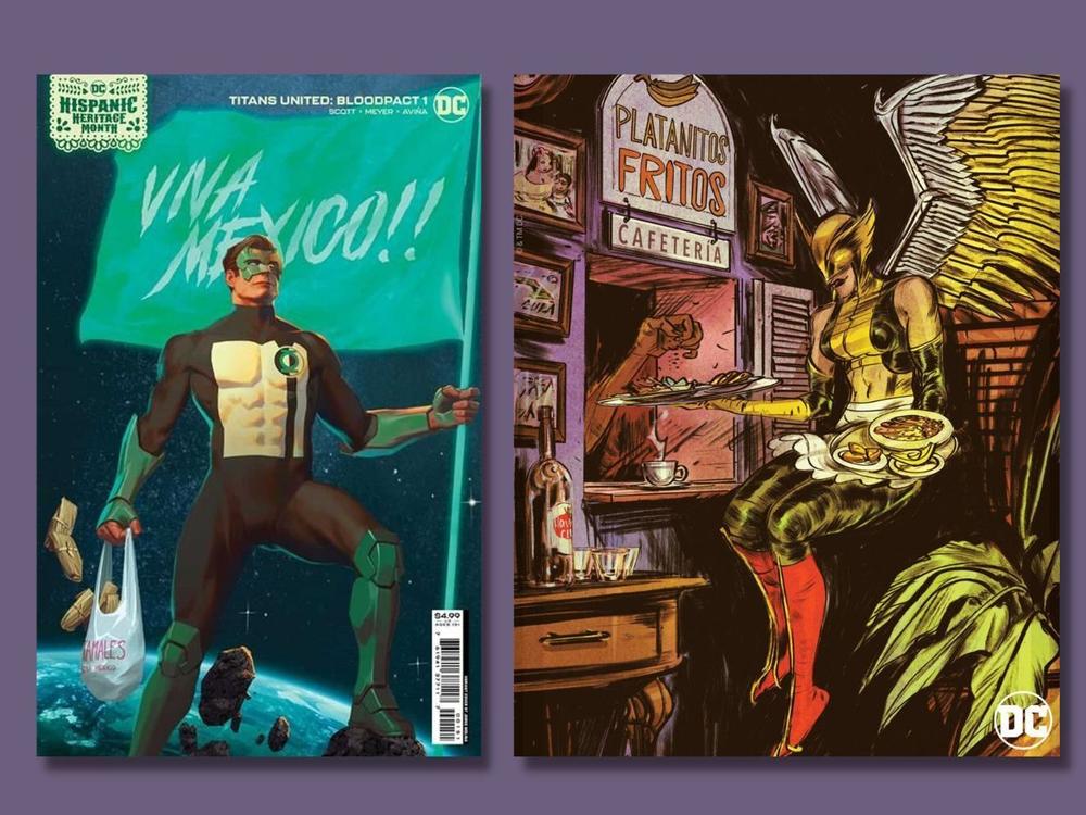 DC Comics covers featuring Green Lantern holding tamales, Hawkwoman holding platanos fritos, and Blue Beetle holding tacos.
