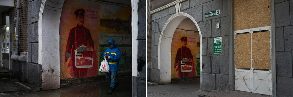 Left: In January, a man walks through a painted pedestrian tunnel. Right: In August, the shop next to the tunnel is boarded up.