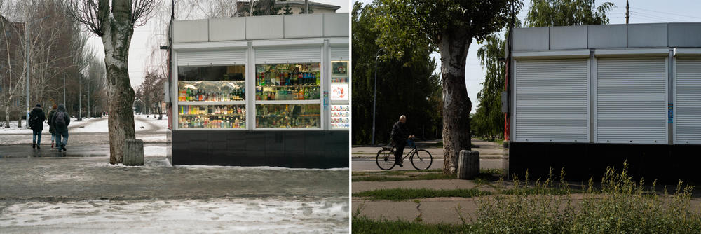 Left: In January, people walk past an open kiosk in central Slovyansk. Right: In August, the kiosk is shuttered and a man rides his bike.