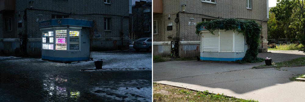 Left: In January, a brightly lit kiosk stays open into the night. Right: In August, the kiosk is closed and vines grow over it.